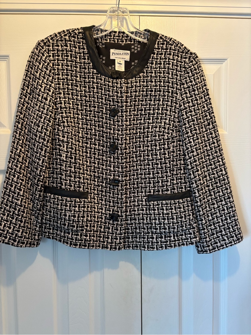 Silk blend Pendleton Black & White Tweed Jacket with Leather Accents - Sz 10